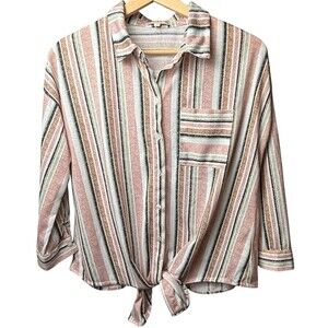 Eden & Olivia Anthropologie Stripe Blouse Small Button Up Tie Hem 3/4 Sleeve‎